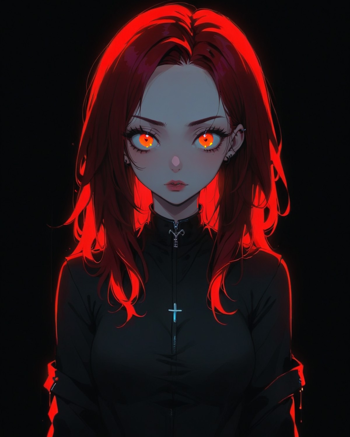 <lora:g0th1cXL:0.75> g0th1cxl, goth, woman, red hair, neon, glowing